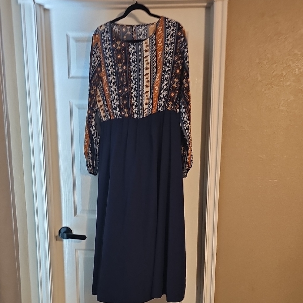 Navy and Orange Patterned Women's Dress